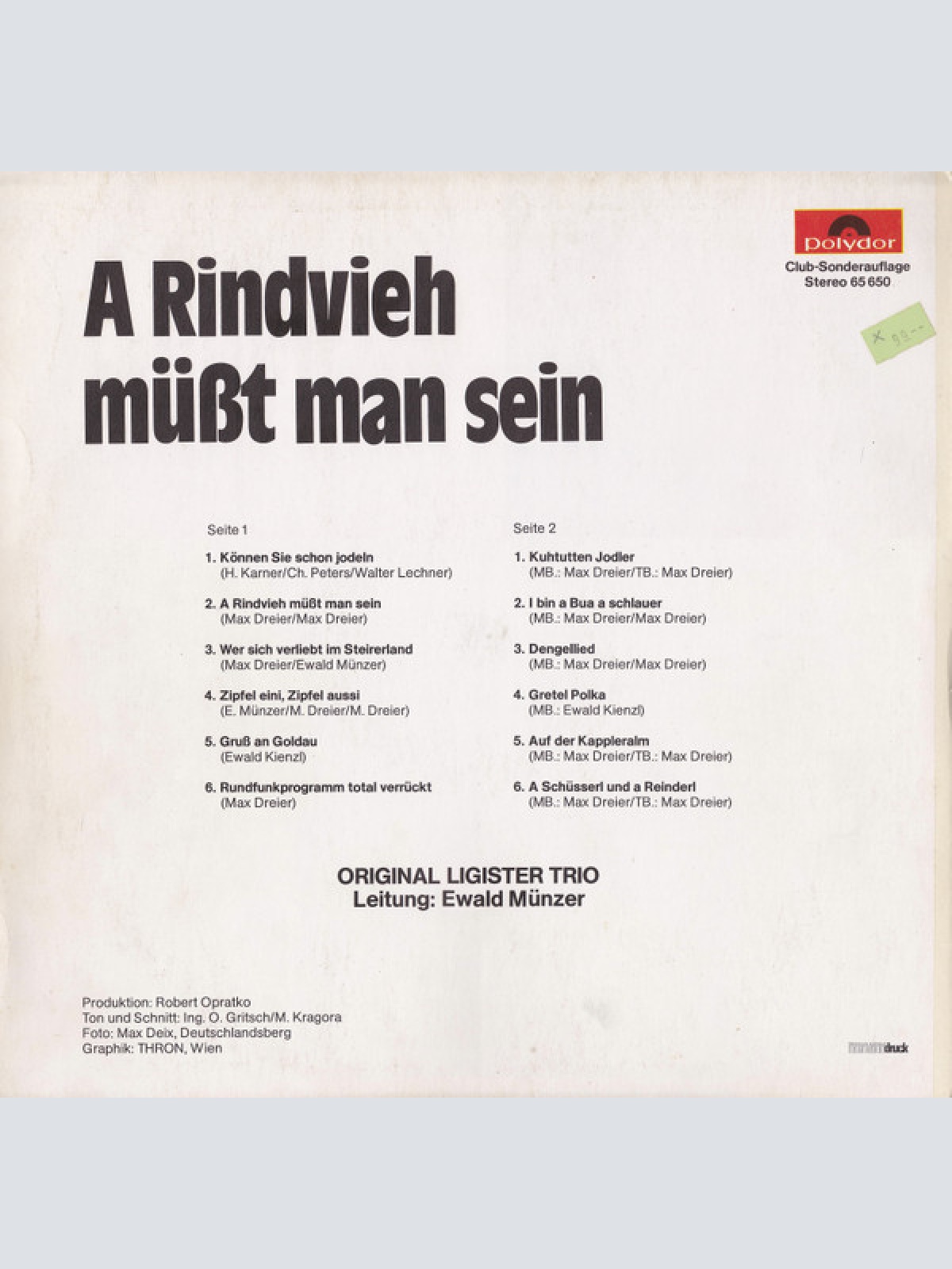 Vinyl / Original Ligister Trio - A Rindvieh Müßt Man Sein
