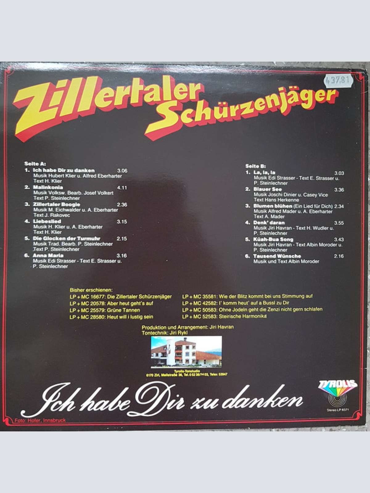 Vinyl / Zillertaler Schürzenjäger - Ich Habe Dir Zu Danken