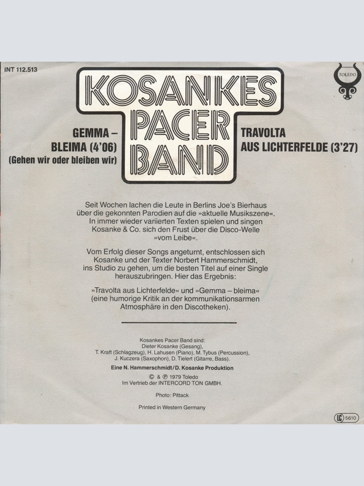 Vinyl / Kosankes Pacer Band - Travolta Aus Lichterfelde / Gemma - Bleima