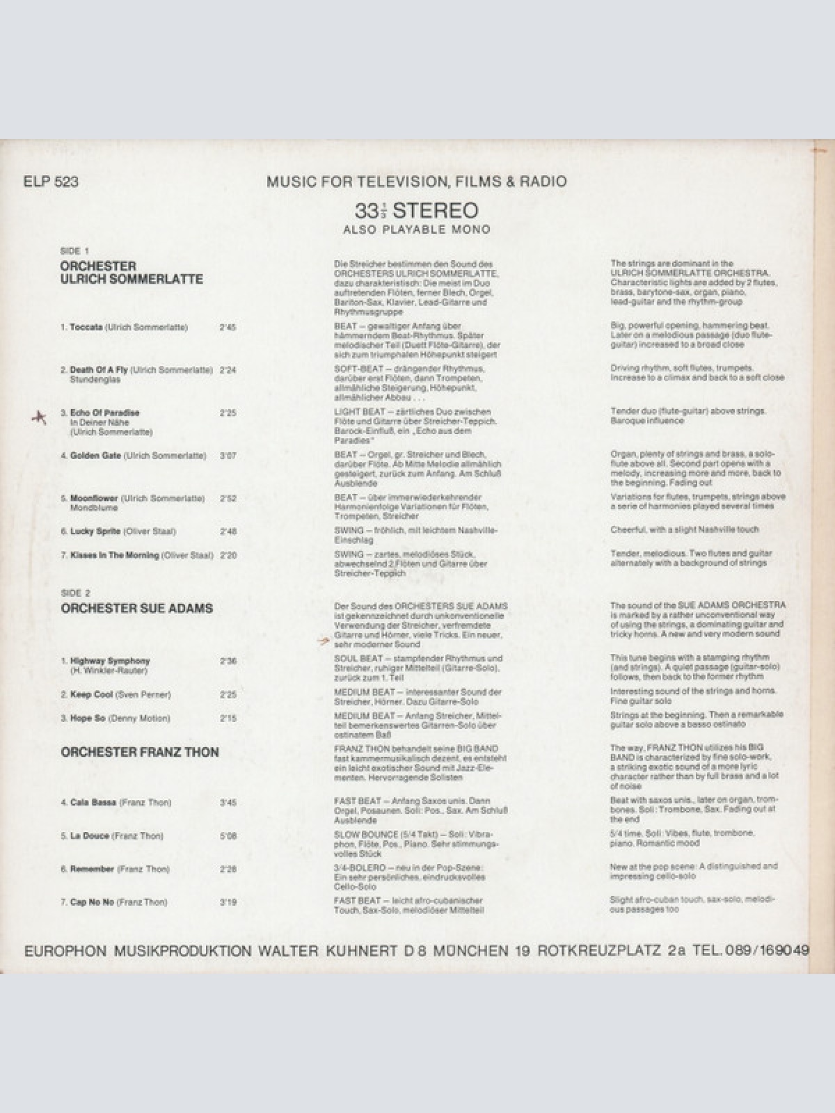 Vinyl / Orchester Ulrich Sommerlatte / Sue Adams* / Franz Thon* -  Orchester Ulrich Sommerlatte / Sue Adams / Franz Thon