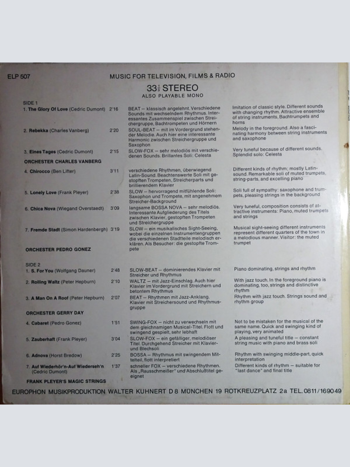Vinyl / Orchester Charles Vanberg - Orchester Pedro Gonez, Orchester Gerry Day, Frank Pleyer's Magic Strings - Orchester Charles Vanberg / Pedro Gonez / Gerry Day / Frank Pleyer's Magic Strings