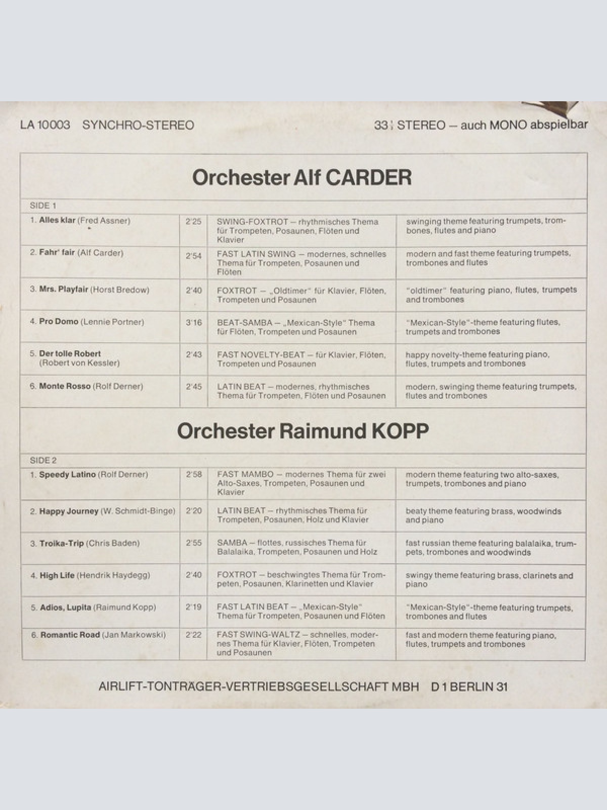 Vinyl / Orchester Alf Carder / Orchester Raimund Kopp - Orchester Alf Carder / Orchester Raimund Kopp