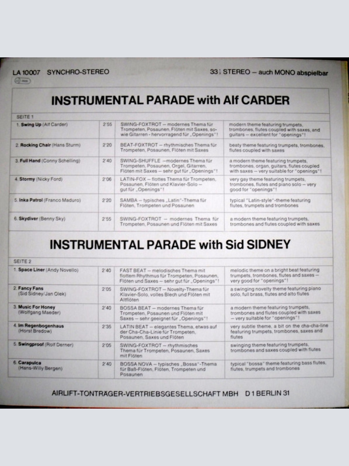 Vinyl / Alf Carder / Sid Sidney - Instrumental Parade With Alf Carder And Sid Sidney