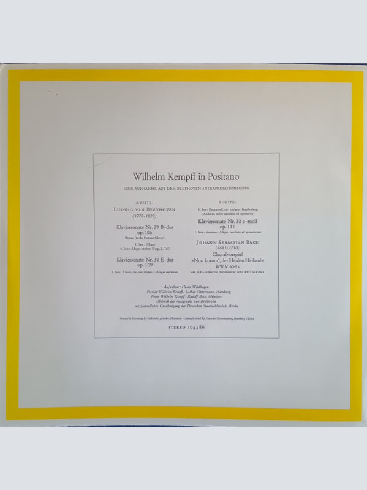 Vinyl / Wilhelm Kempff - Den Freunden Unseres Hauses Zum Jahreswechsel 1966/67 - Wilhelm Kempff In Positano - Eine Aufnahme Aus Dem Beethoven-Interpretationskurs