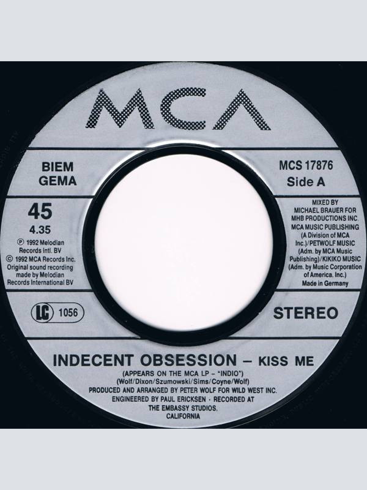Vinyl / Indecent Obsession - Kiss Me