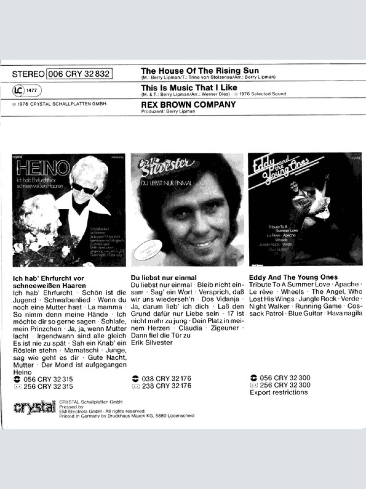 Vinyl / Rex Brown Company - The House Of The Rising Sun