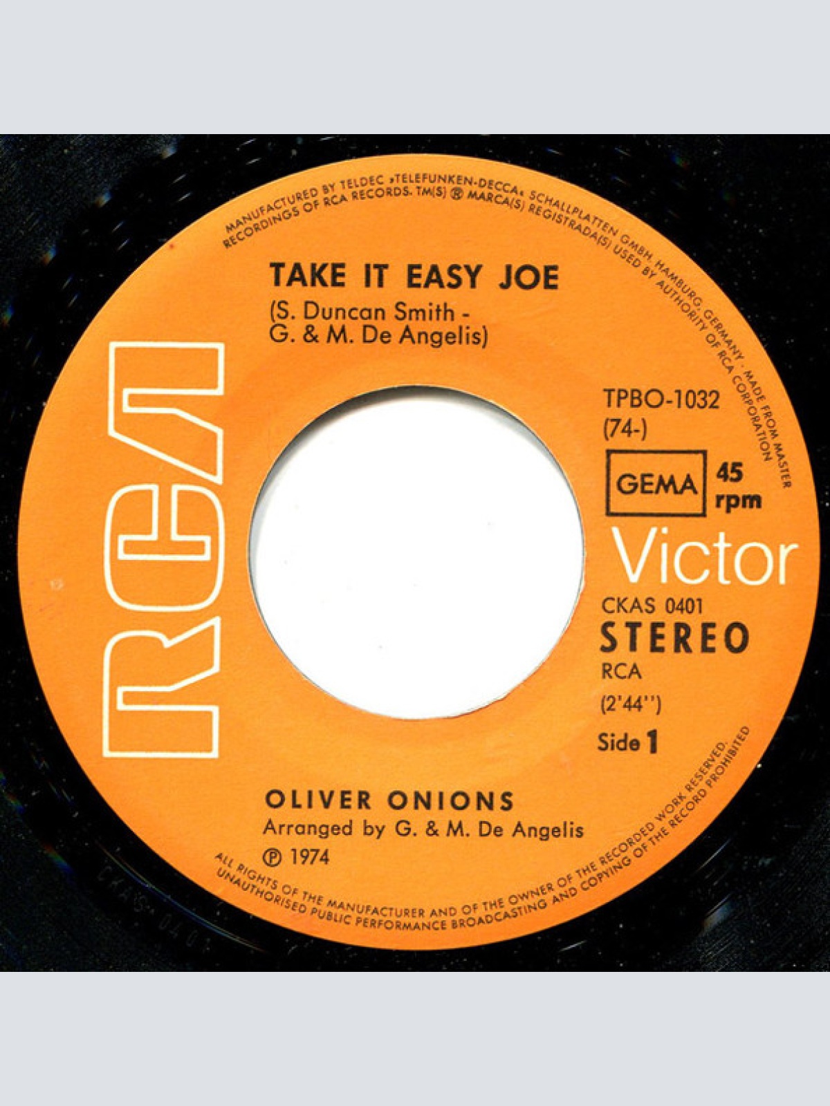 Vinyl / Oliver Onions - Take It Easy Joe / Running Away