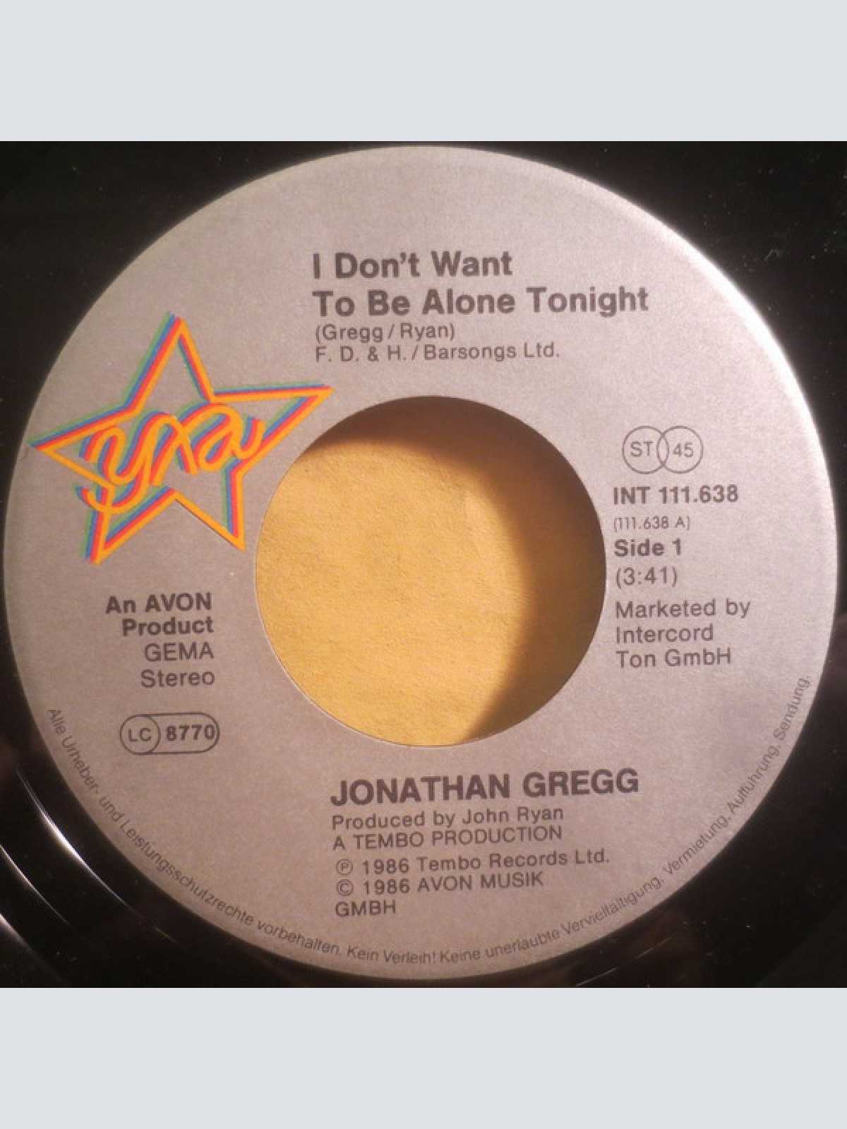 Vinyl / Jonathan Gregg (2) - I Don't Want To Be Alone Tonight