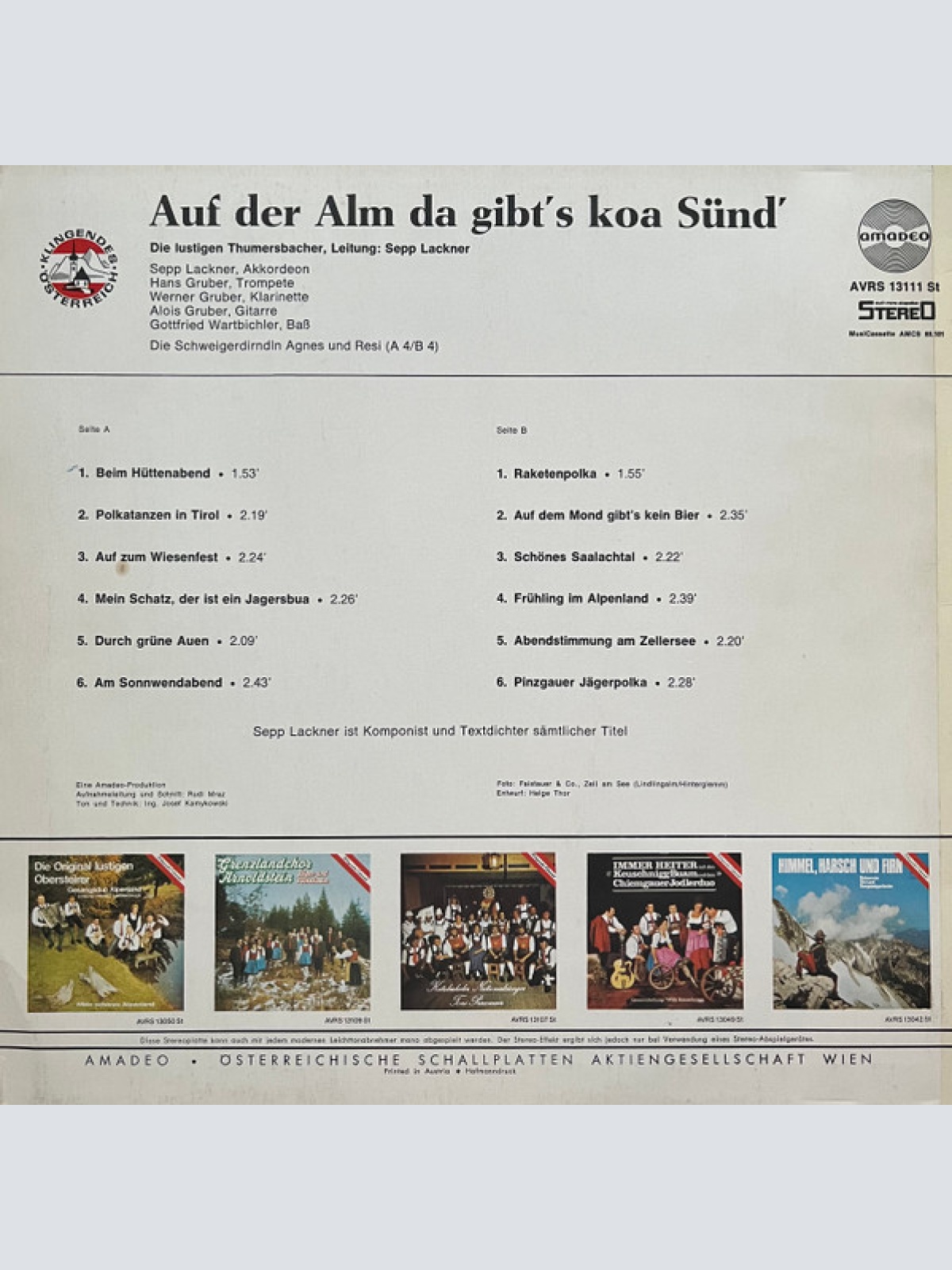 Vinyl / Die Lustigen Thumersbacher - Auf Der Alm Da Gibt's Koa Sünd