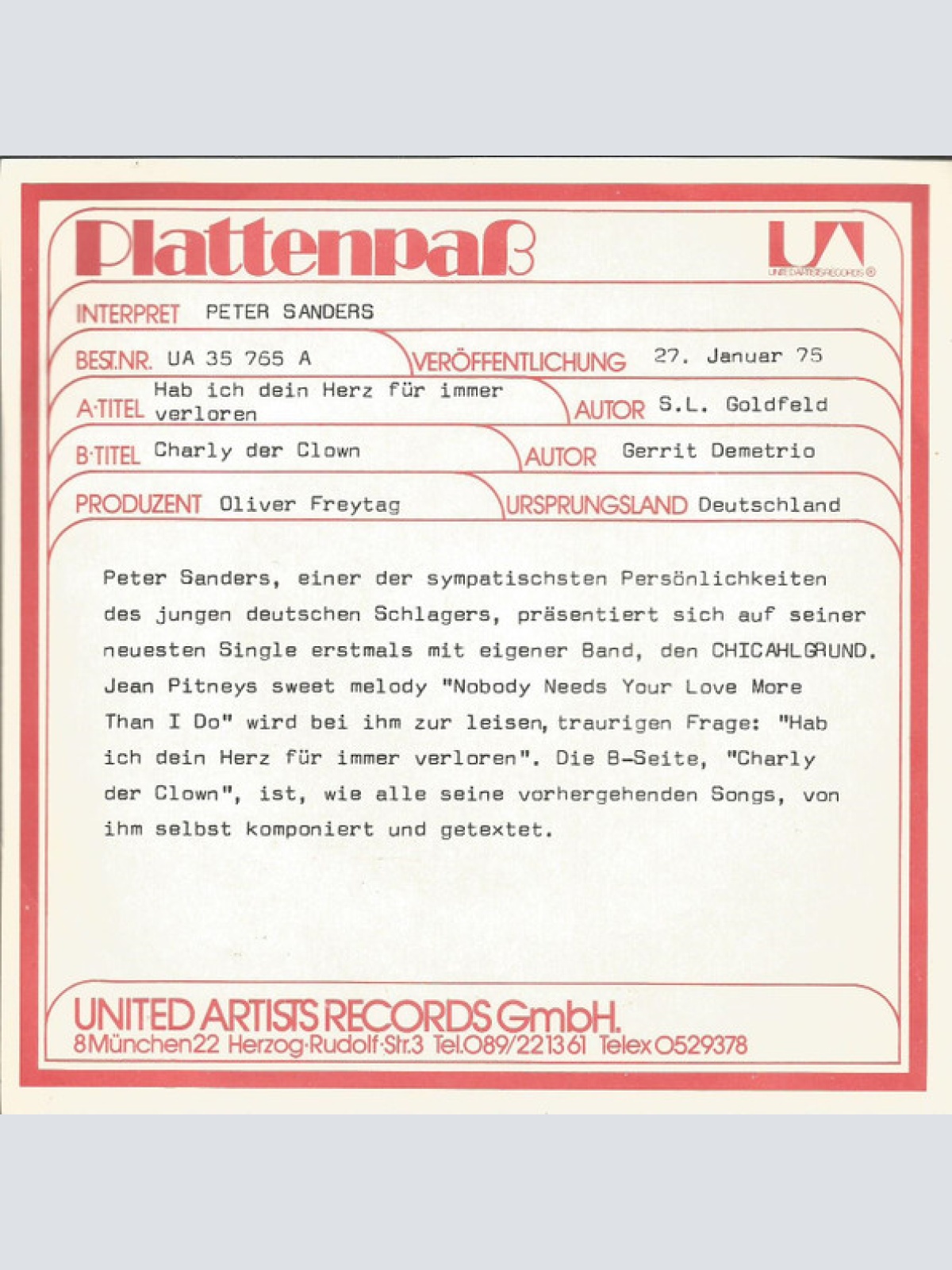 Vinyl / Peter Sanders (5) - Hab' Ich Dein Herz Für Immer Verloren