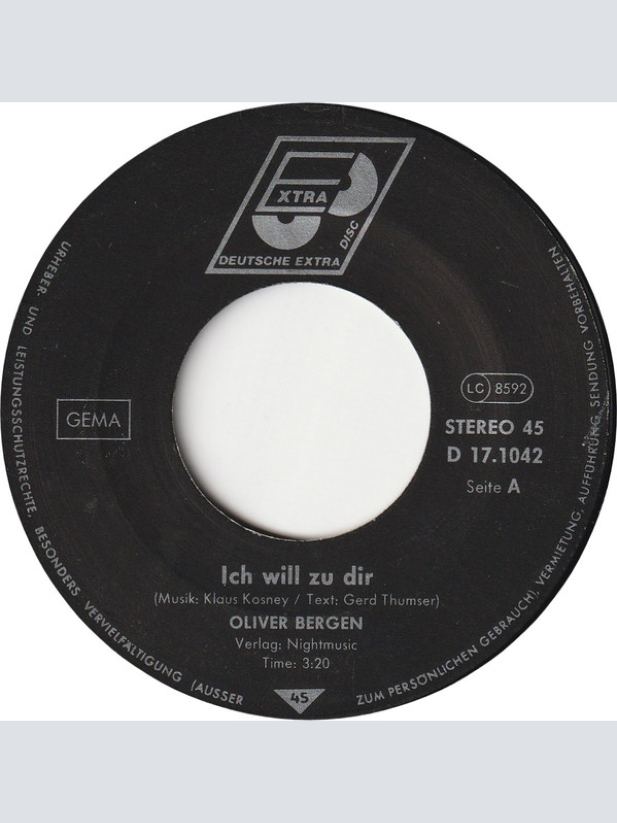 Vinyl / Oliver Bergen - Ich Will Zu Dir / Ich Muß Dich Fühlen