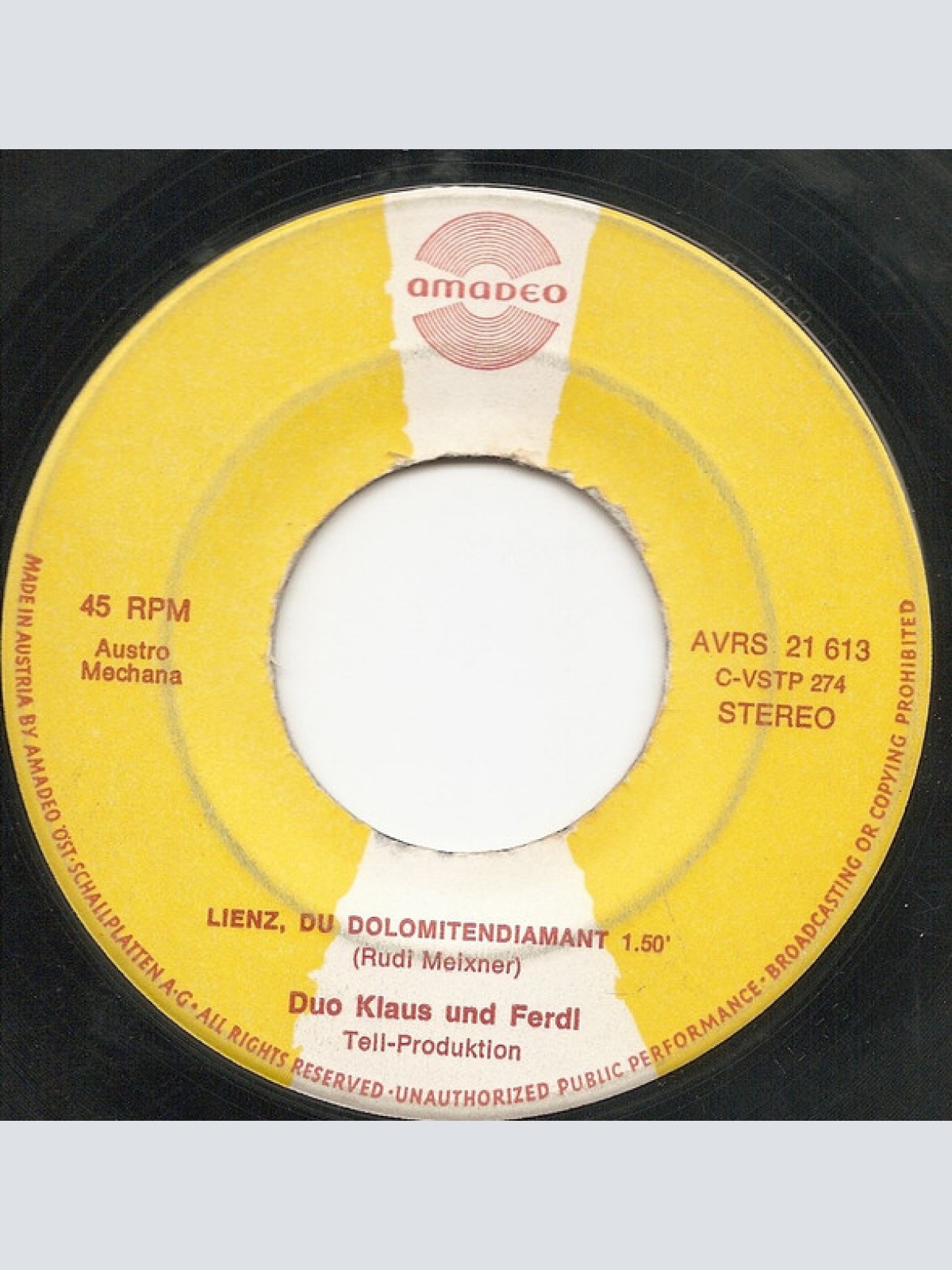 Vinyl / Duo Klaus Und Ferdl* - Rehbraune Augen Hat Mein Schatz / Lienz, Du Dolomitendiamant