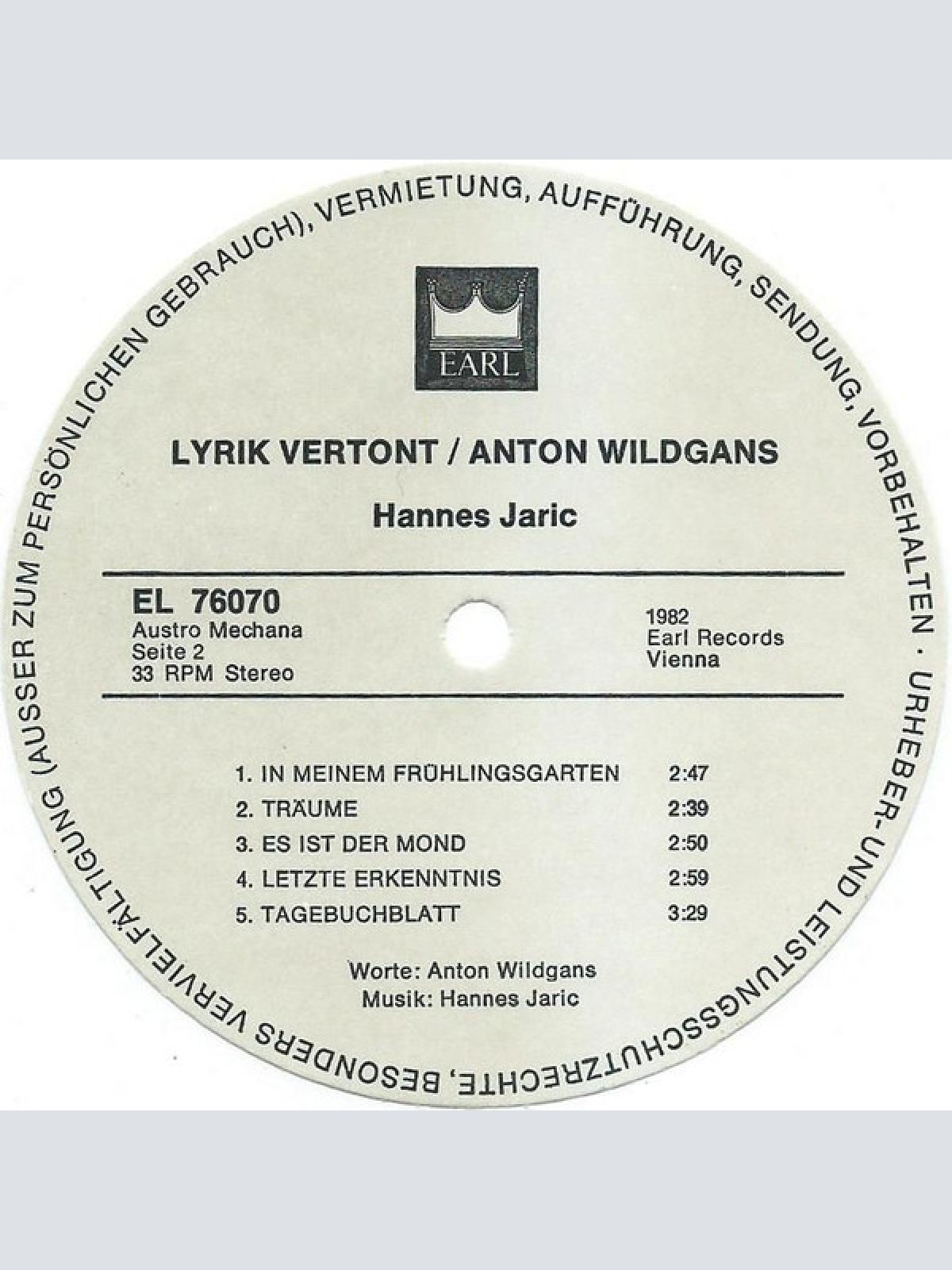 Vinyl / Hannes Jaric - Lyrik Vertont / Anton Wildgans