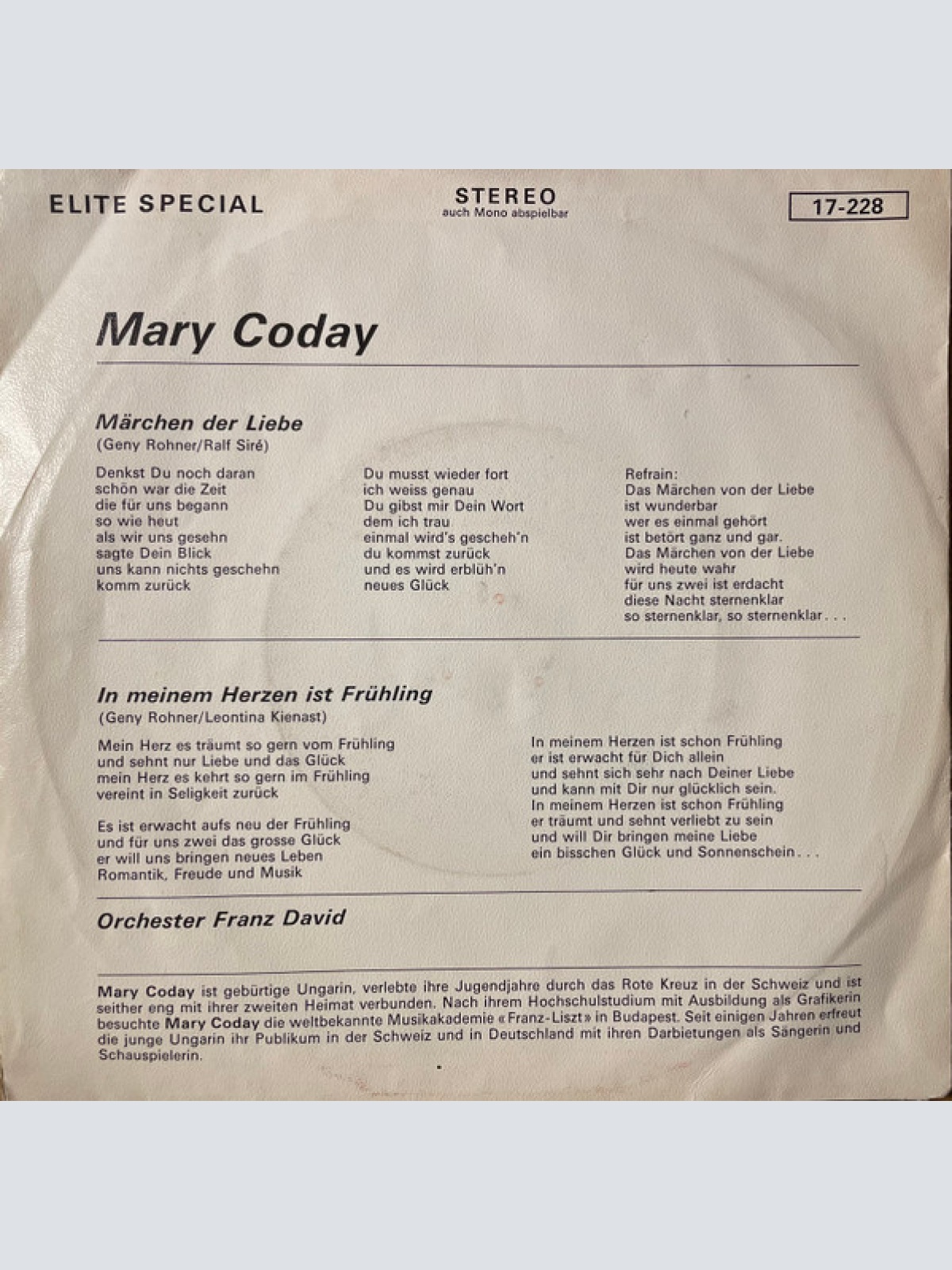 Vinyl / Mary Coday - Märchen Der Liebe / In Meinem Herzen Ist Frühling