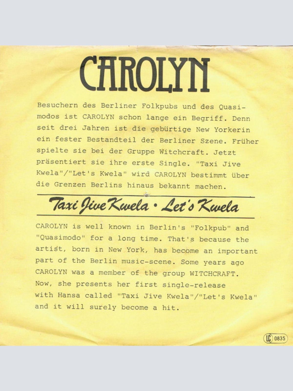 Vinyl / Carolyn (11) - Taxi Jive Kwela (Kwela Mfana)