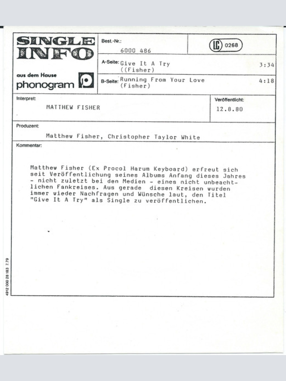 Vinyl / Matthew Fisher - Give It A Try