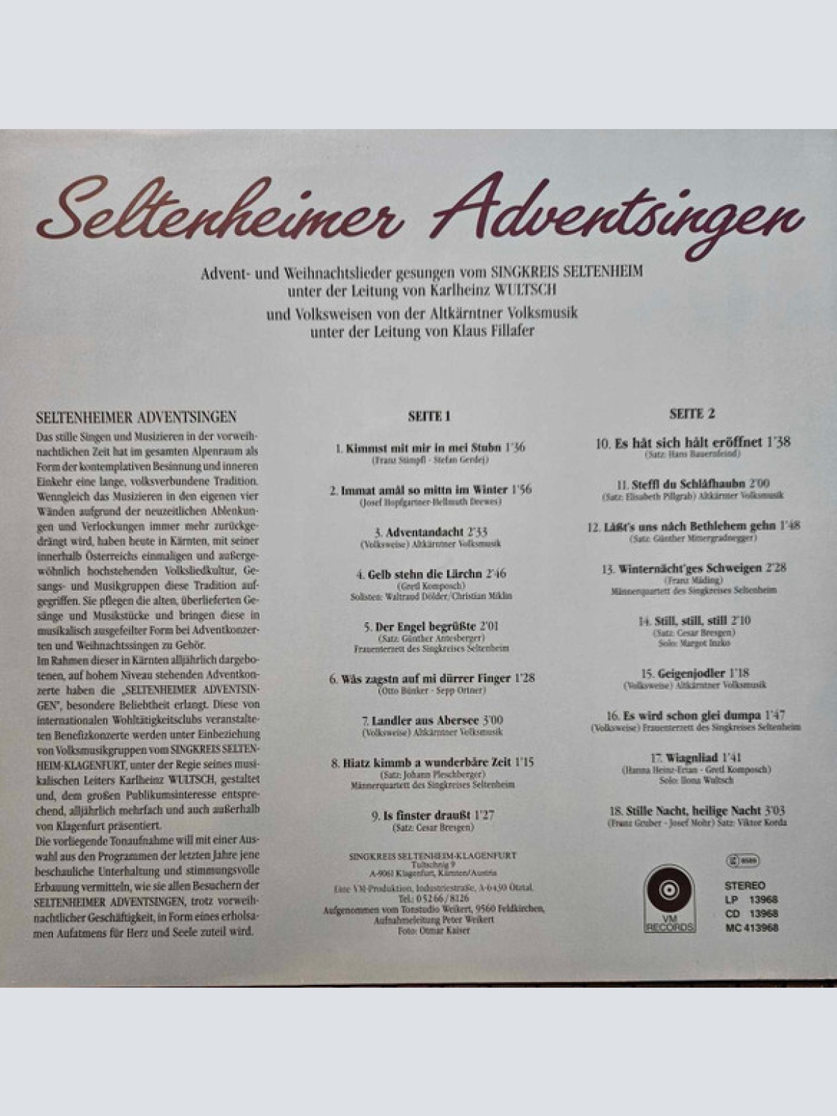 Vinyl / Singkreis Seltenheim* - Seltenheimer Adventsingen