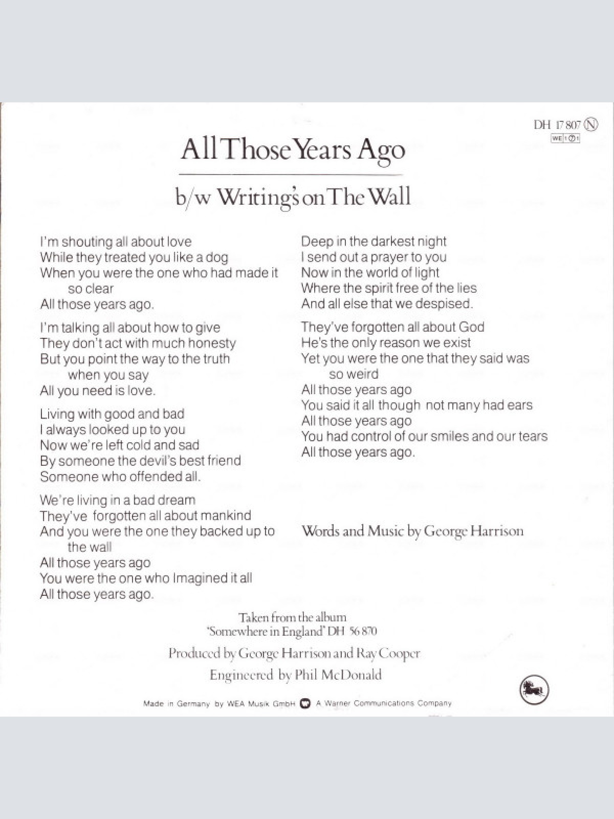 Vinyl / George Harrison - All Those Years Ago