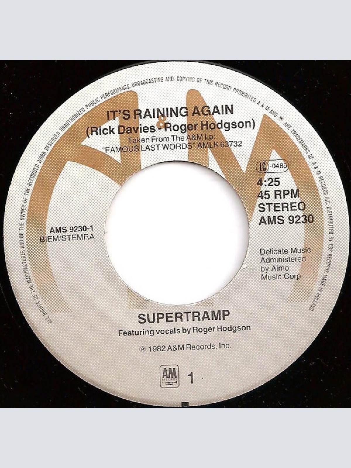 Vinyl / Supertramp - It's Raining Again