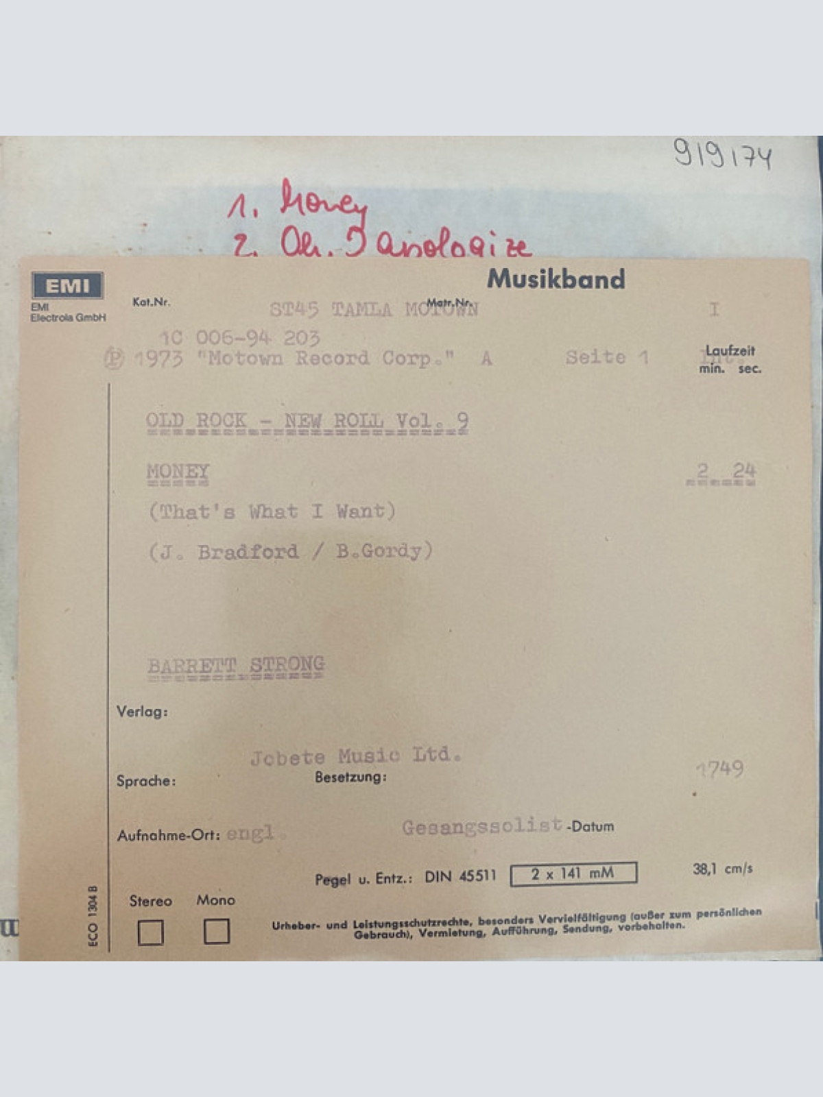 Vinyl / Barrett Strong - Money / Oh, I Apologize