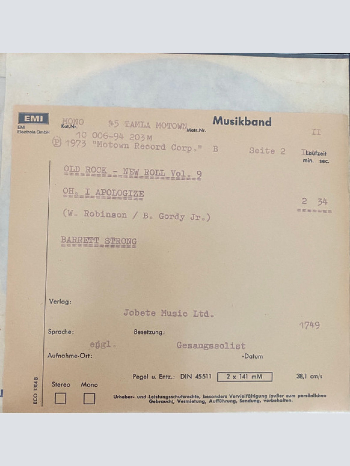 Vinyl / Barrett Strong - Money / Oh, I Apologize