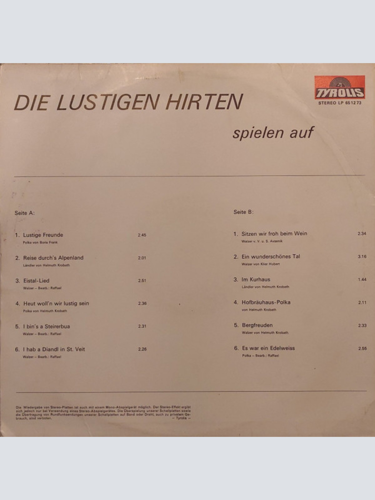 Vinyl / Die Lustigen Hirten - Spielen Auf