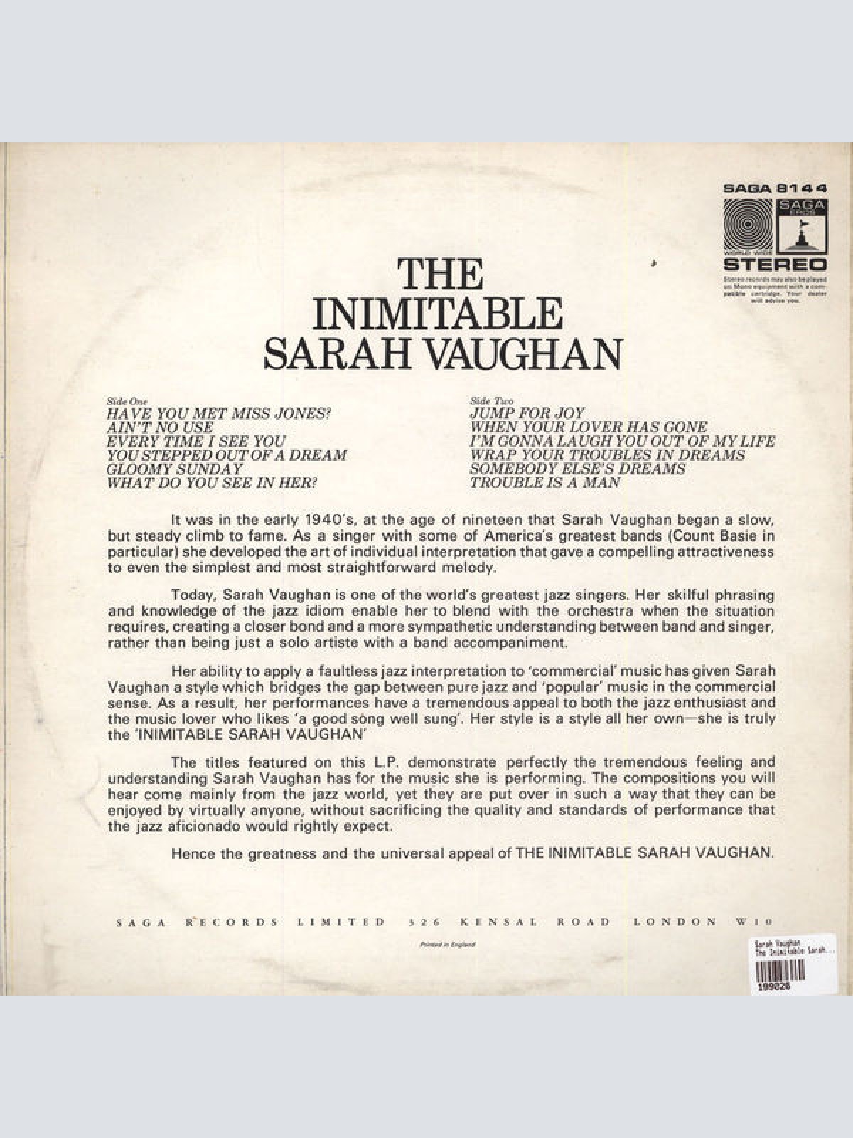 Vinyl / Sarah Vaughan - The Inimitable Sarah Vaughan