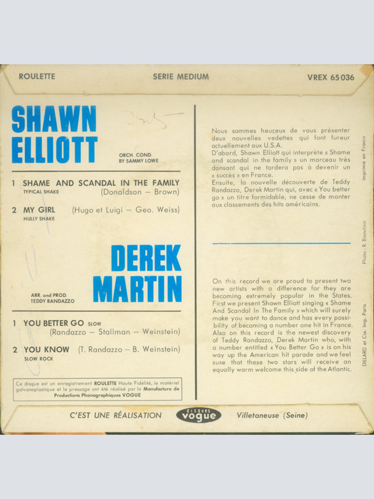 Vinyl / Shawn Elliott / Derek Martin - Shame And Scandal In The Family / You Better Go