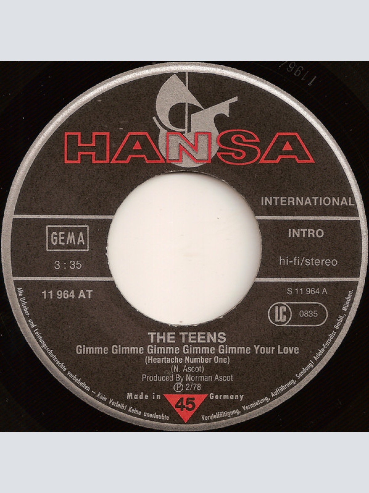 Vinyl / The Teens - Gimme Gimme Gimme Gimme Gimme Your Love / Rollerball