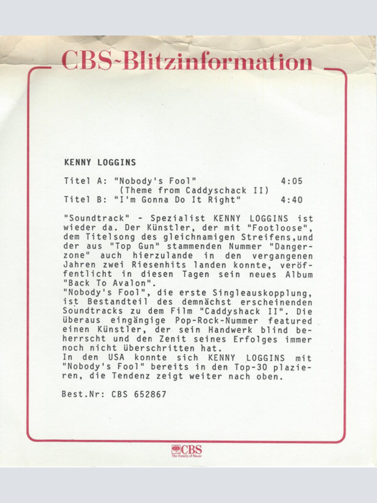 Vinyl / Kenny Loggins - Nobody's Fool (Theme From "Caddyshack II")