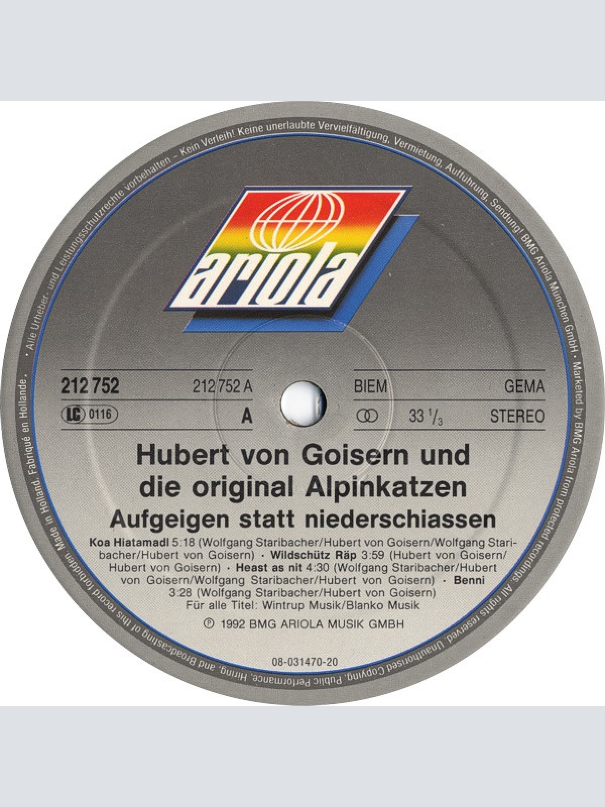 Vinyl / Hubert Von Goisern Und Die Original Alpinkatzen* - Aufgeigen Stått Niederschiassen