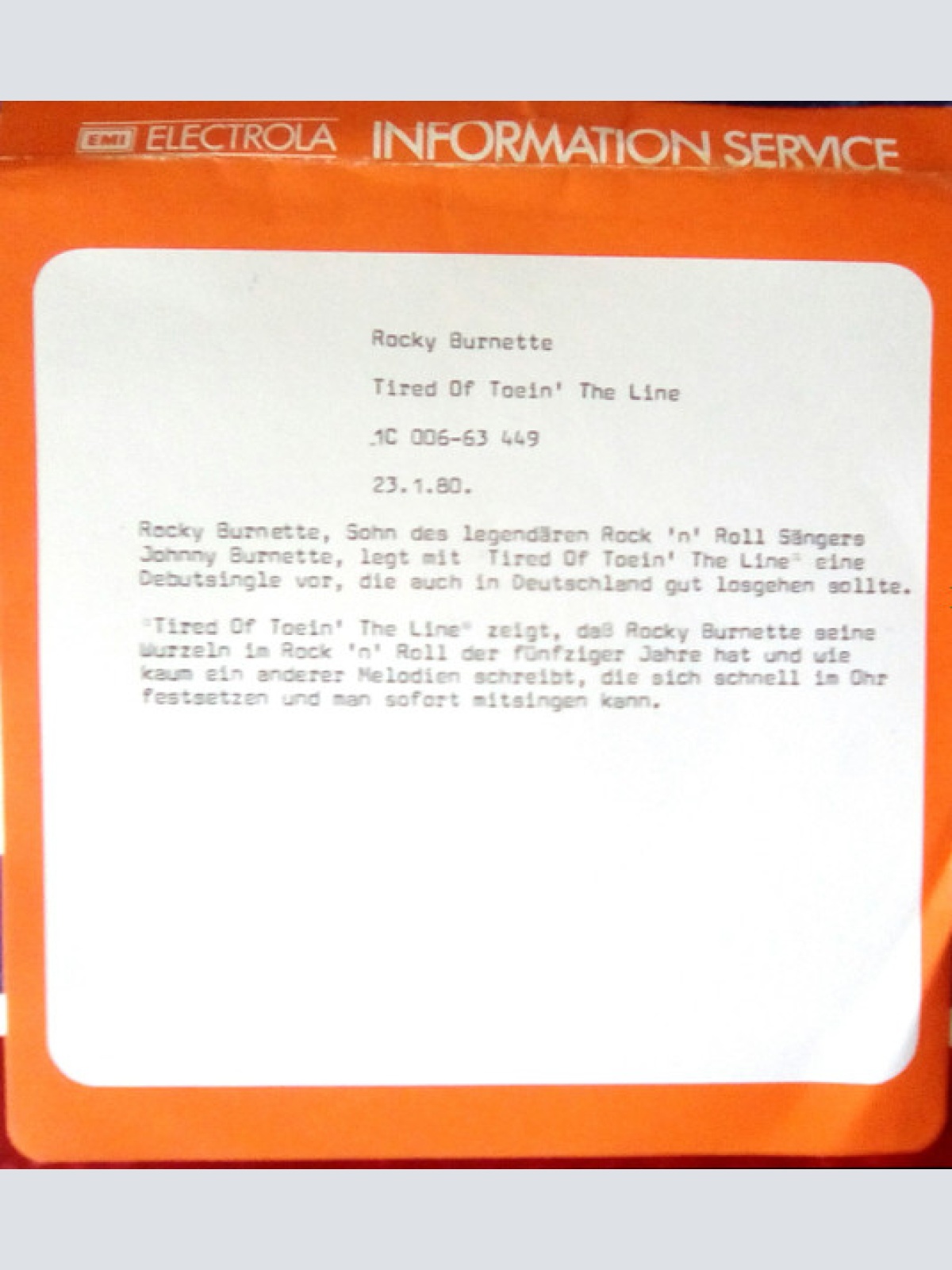 Vinyl / Rocky Burnette - Tired Of Toein' The Line