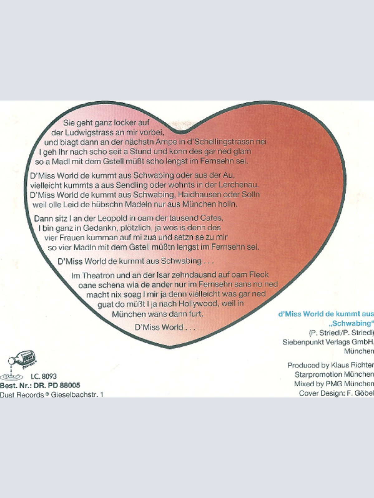 Vinyl / Peter Striedl - PS-Band München* - D'Miss World De Kummt Aus "Schwabing"