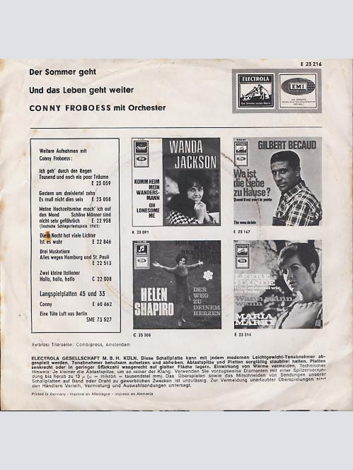 Vinyl / Conny Froboess - Der Sommer Geht / Und Das Leben Geht Weiter