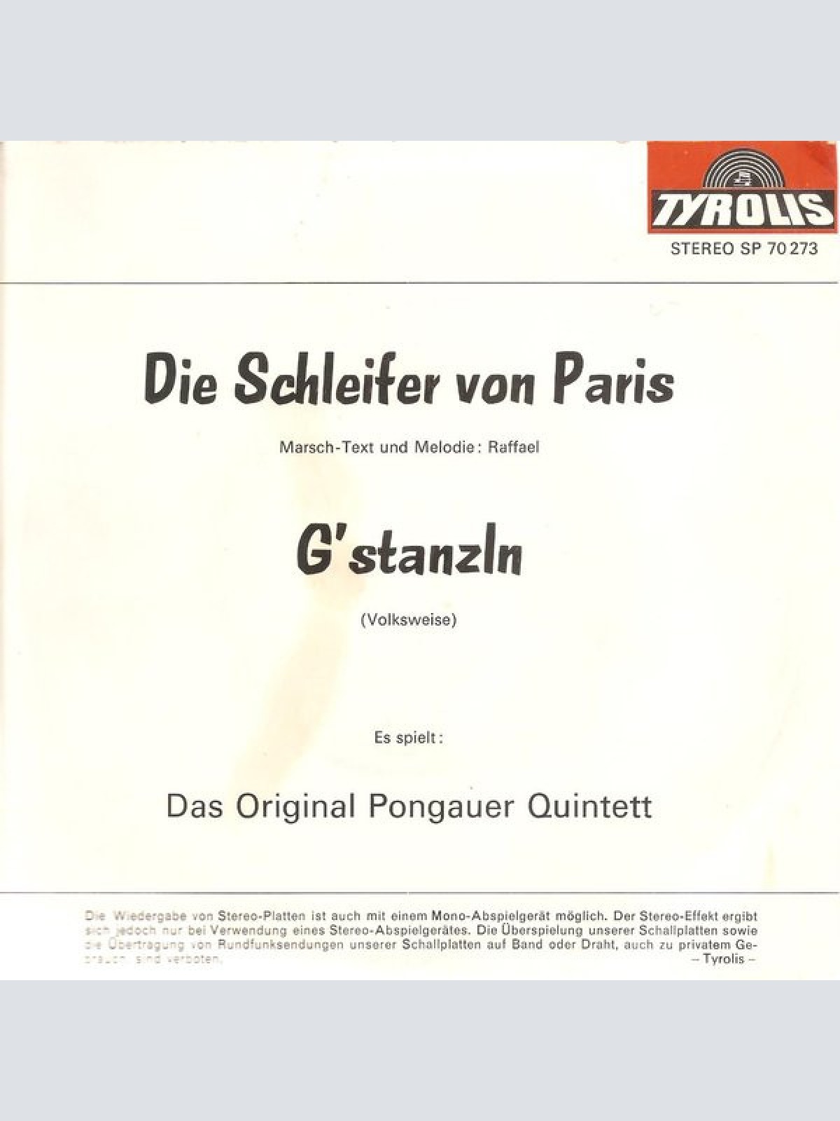Vinyl / Das Original Pongauer Quintett - Die Schleifer Von Paris (Originalaufnahme - Nur Für Erwachsene)