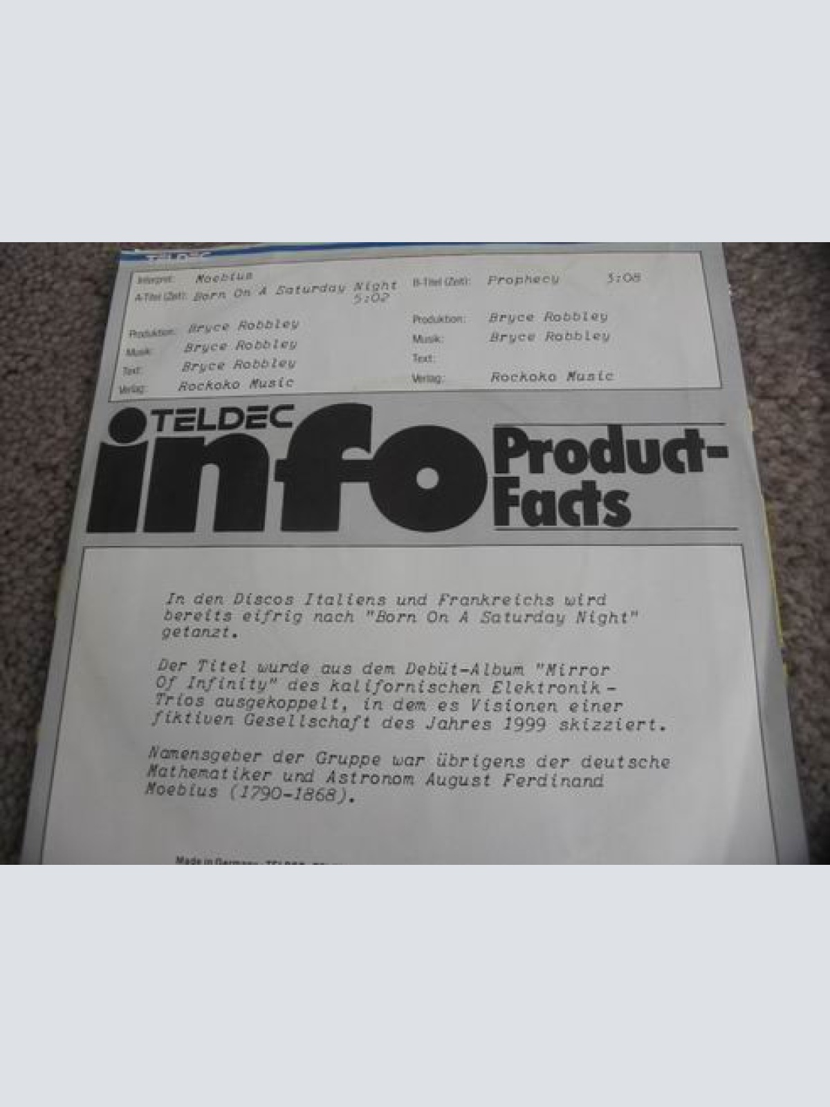 Vinyl / Moebius (2) - Born On A Saturday Night