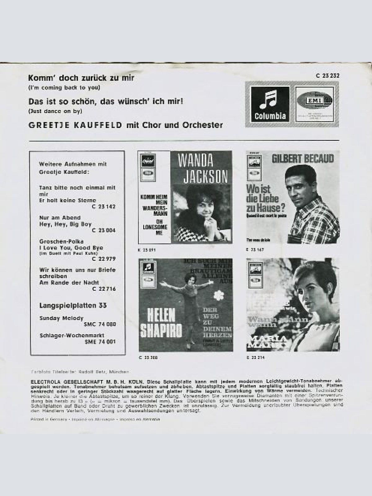 Vinyl / Greetje Kauffeld - Komm Doch Zurück Zu Mir (I'm Coming Back To You) / Das Ist So Schön, Das Wünsch' Ich Mir (Just Dance On By)