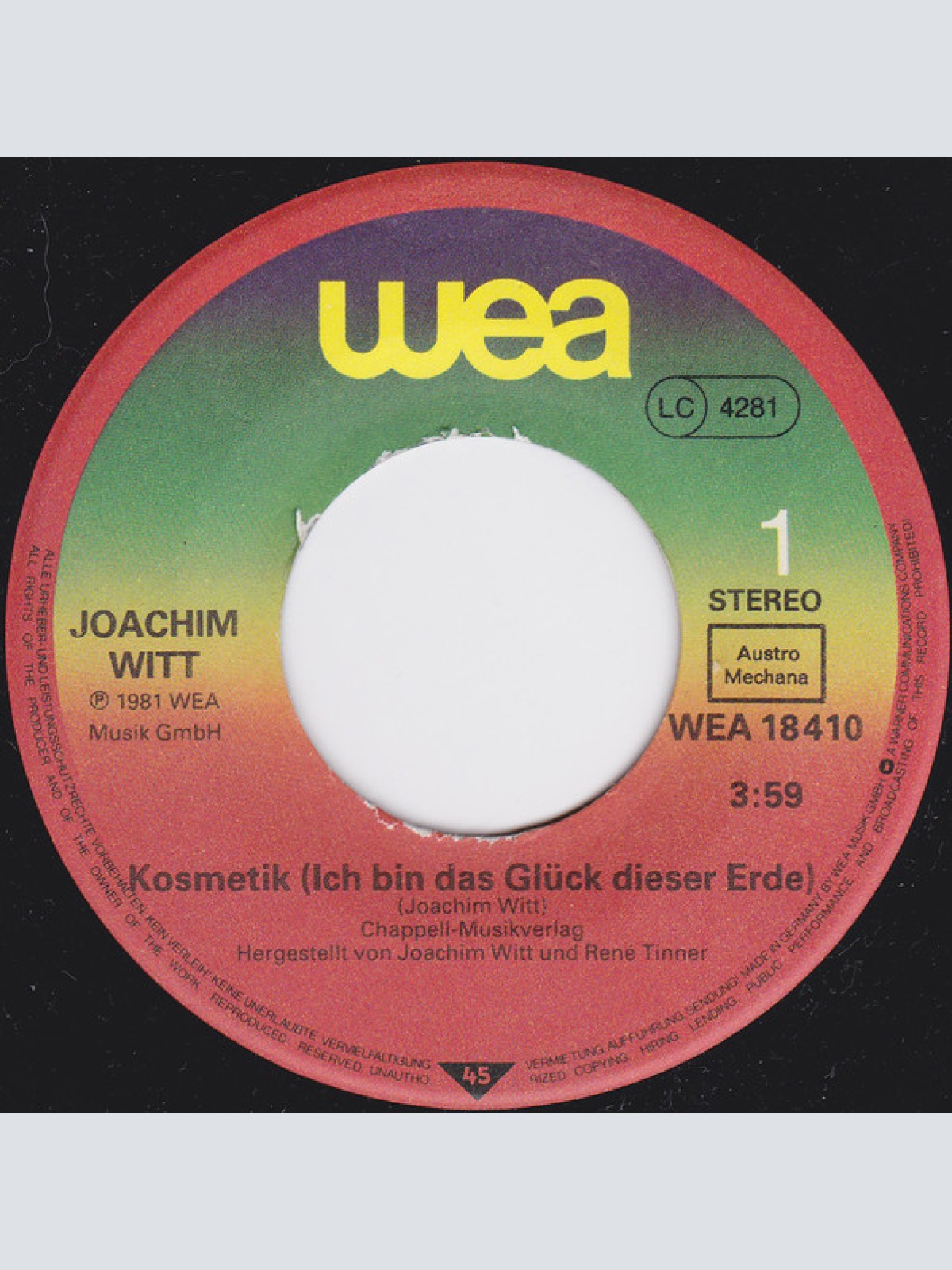 Vinyl / Joachim Witt - Kosmetik (Ich Bin Das Glück Dieser Erde)