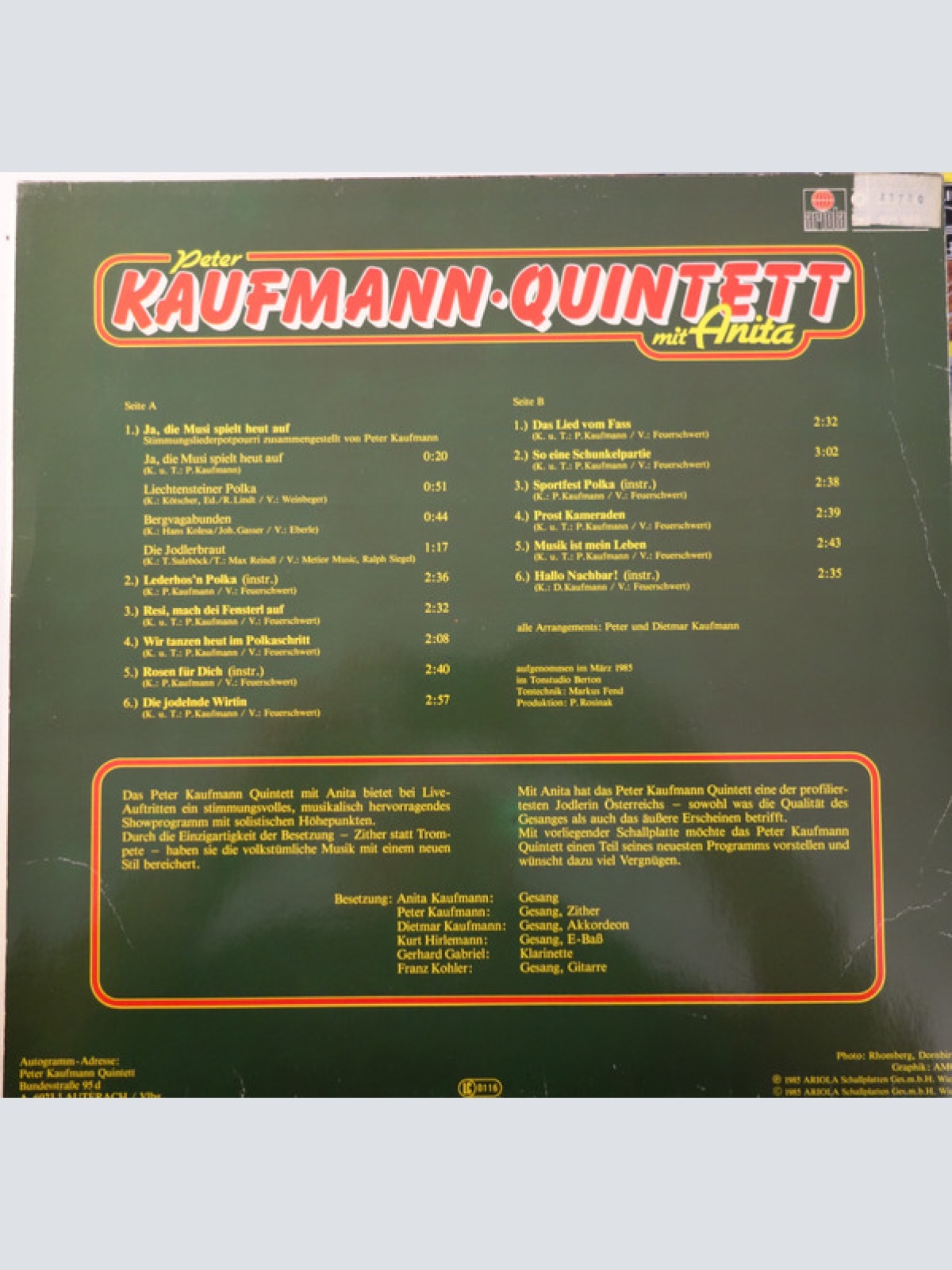 Vinyl / Peter Kaufmann Quintett Mit Anita* - Resi, Mach Dei Fensterl Auf