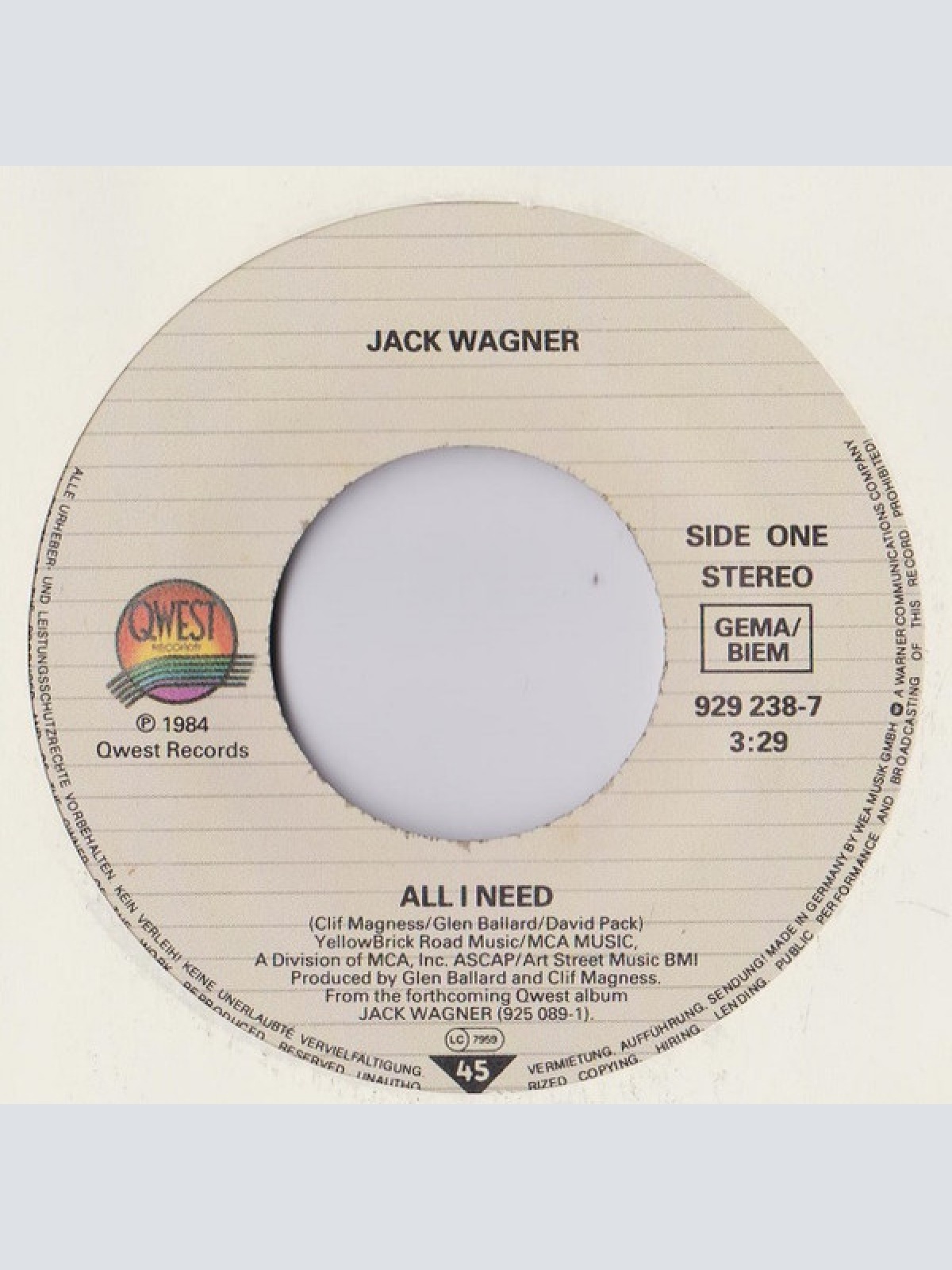 Vinyl / Jack Wagner - All I Need