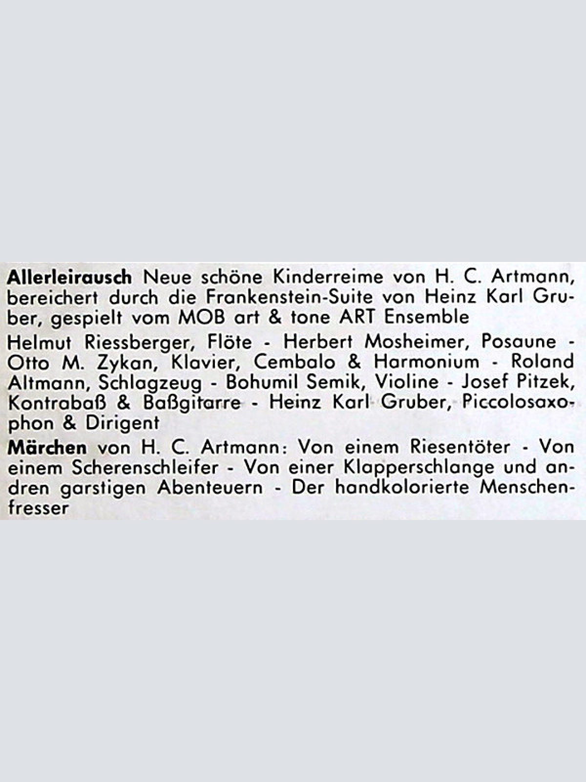 Vinyl / Jutta Schwarz, H.C. Artmann, MOB Art & Tone Art Ensemble - Allerleirausch - For Fans Only / Jutta Schwarz Liest Märchen Und Gedichte Von H.C. Artmann