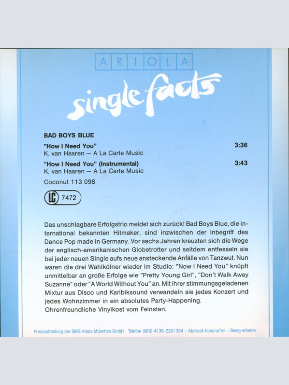 Vinyl / Bad Boys Blue - How I Need You