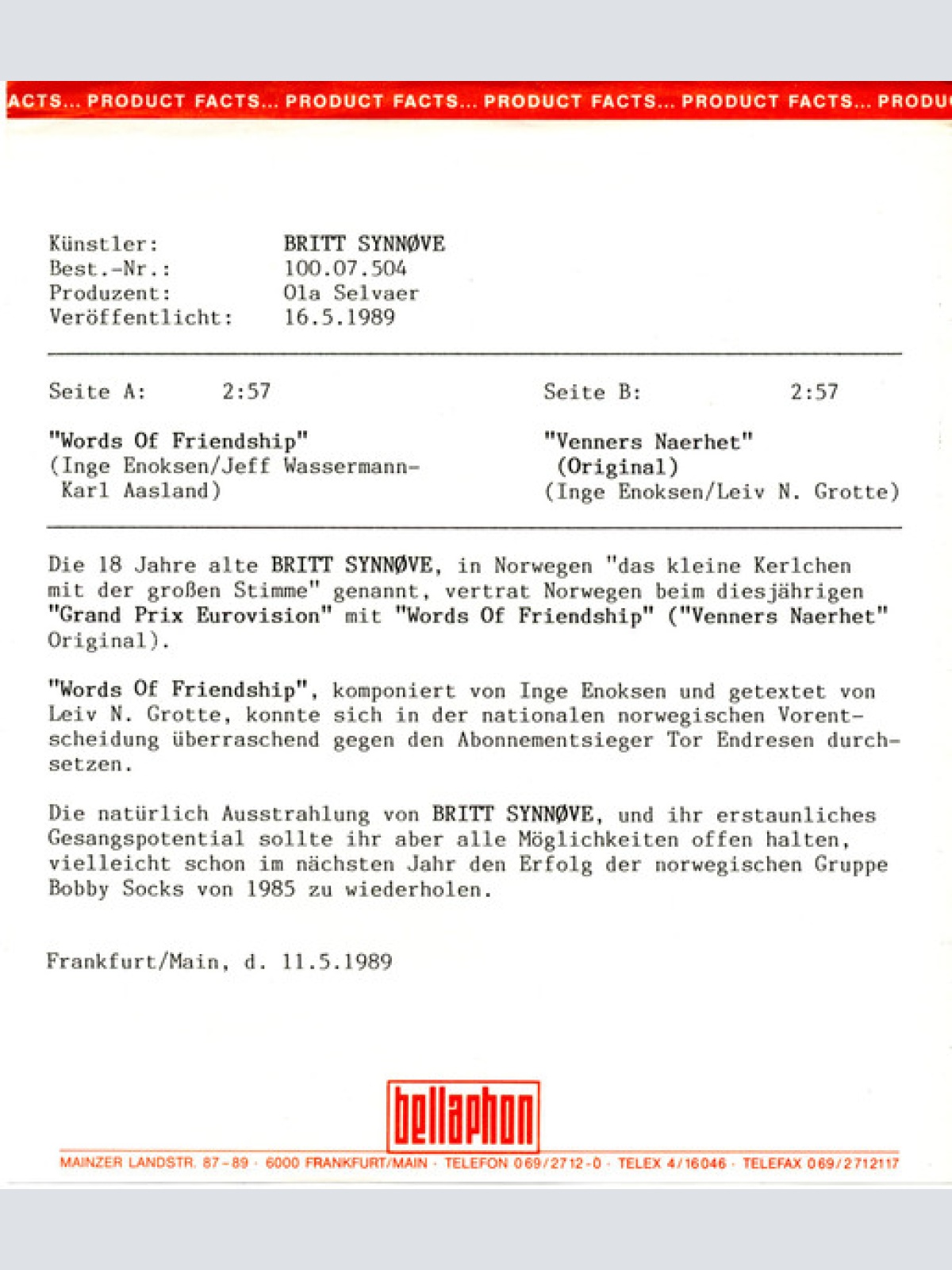 Vinyl / Britt Synnøve* - Words Of Friendship