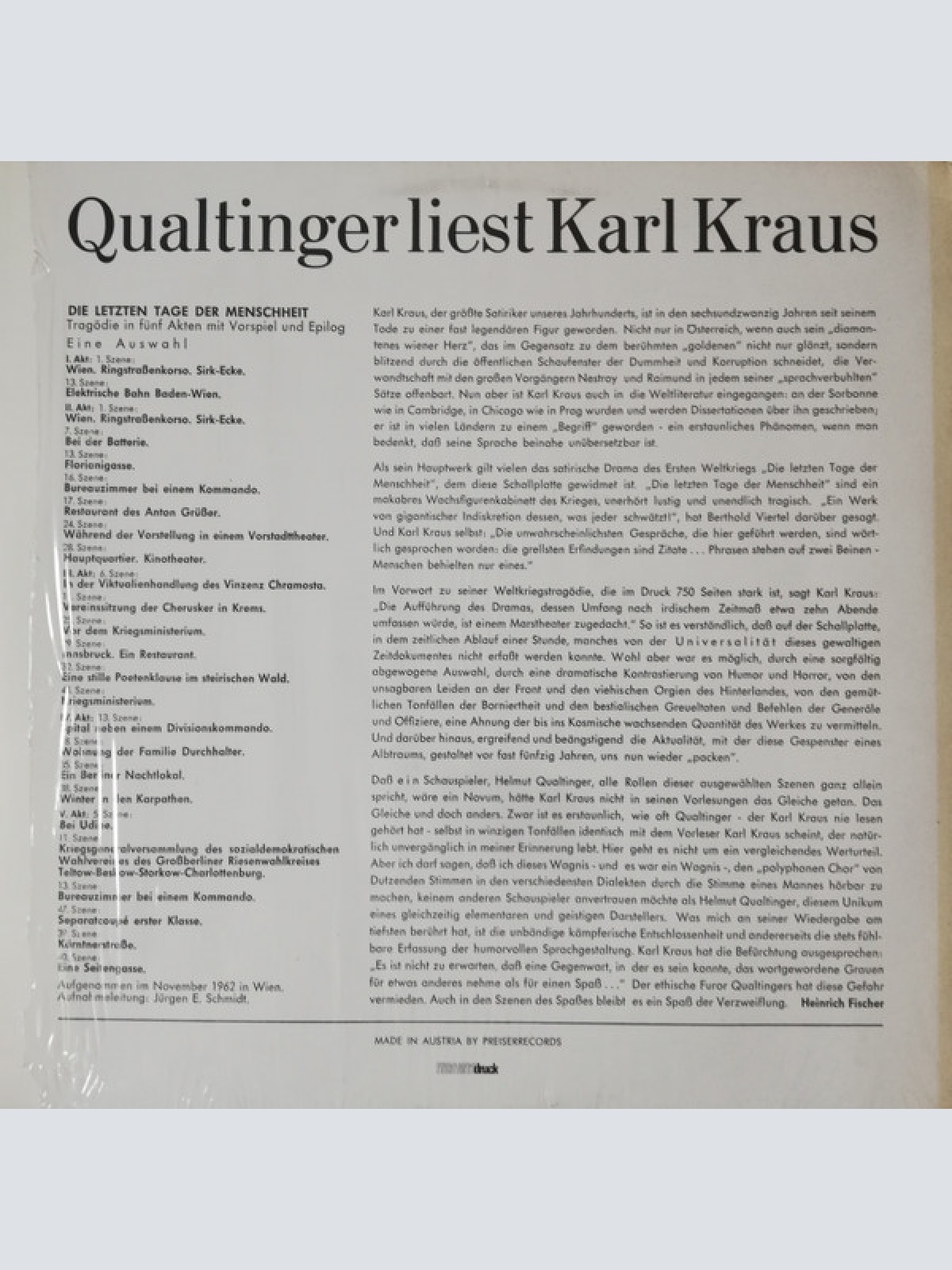 Vinyl / Qualtinger* Liest Karl Kraus - Die Letzten Tage Der Menschheit