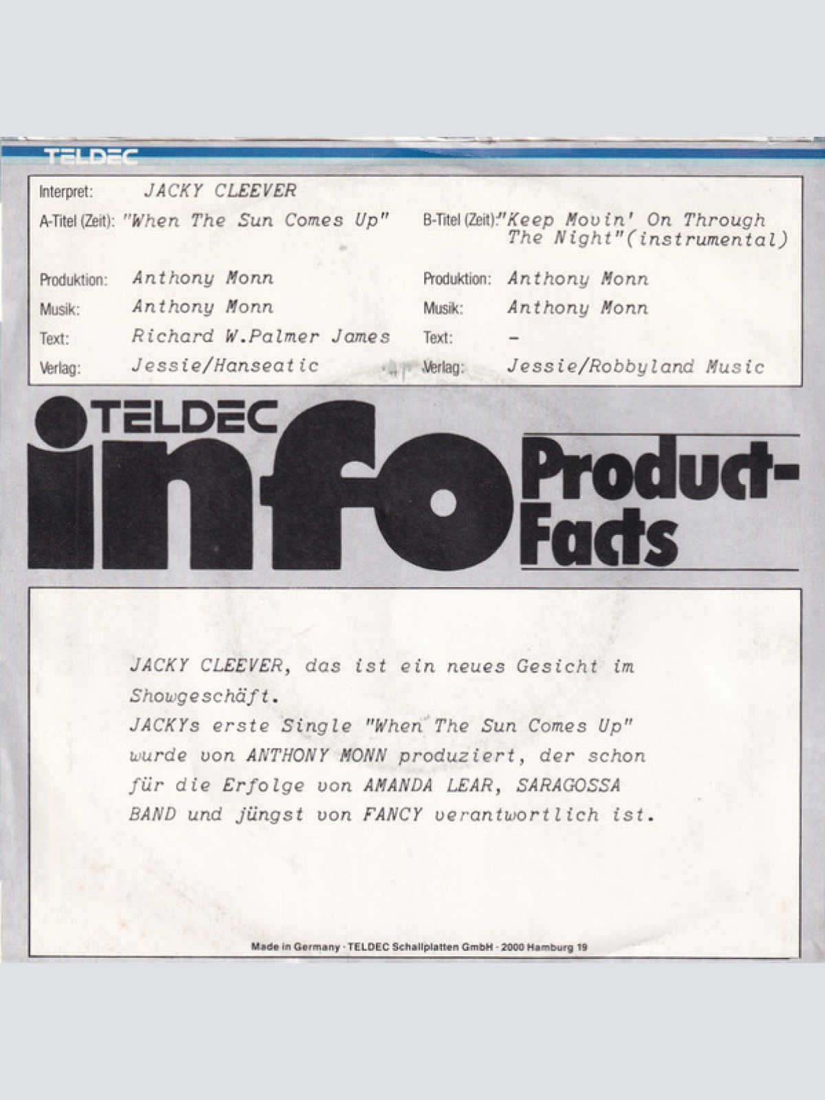 Vinyl / Jacky Cleever - When The Sun Comes Up