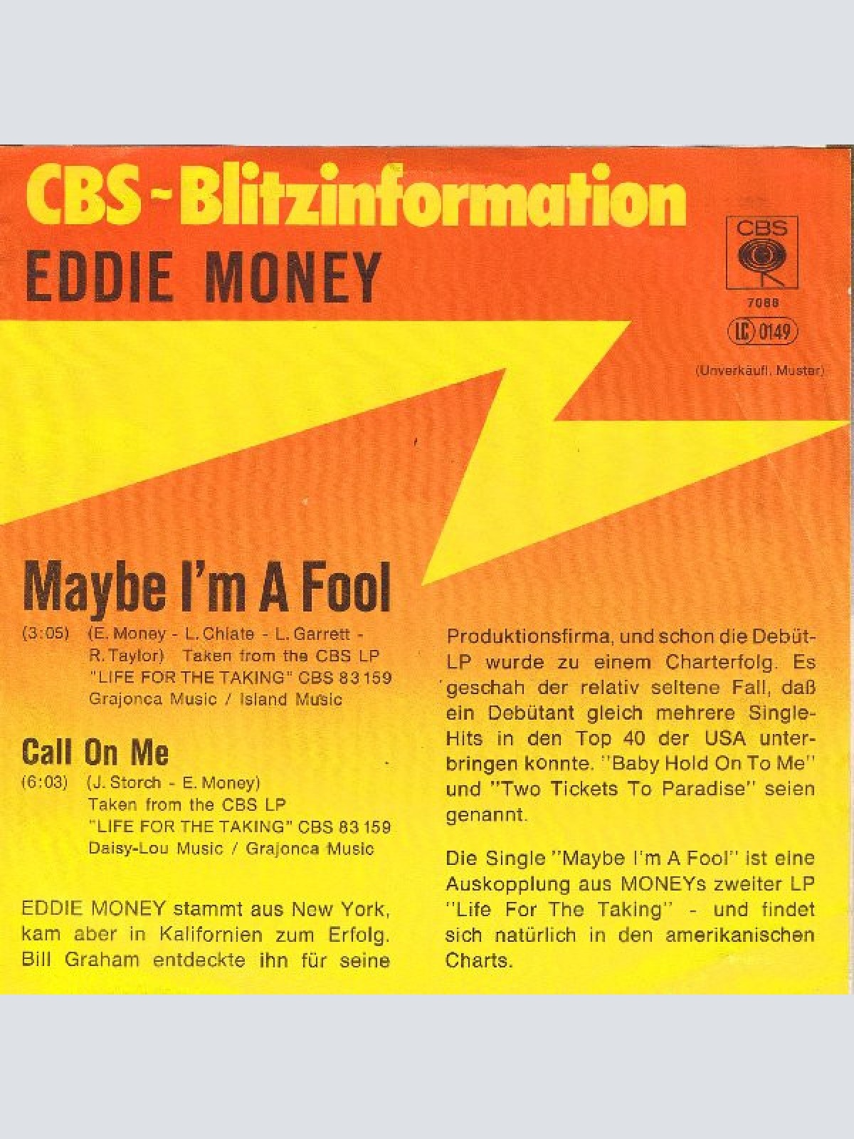 Vinyl / Eddie Money - Maybe I'm A Fool / Call On Me