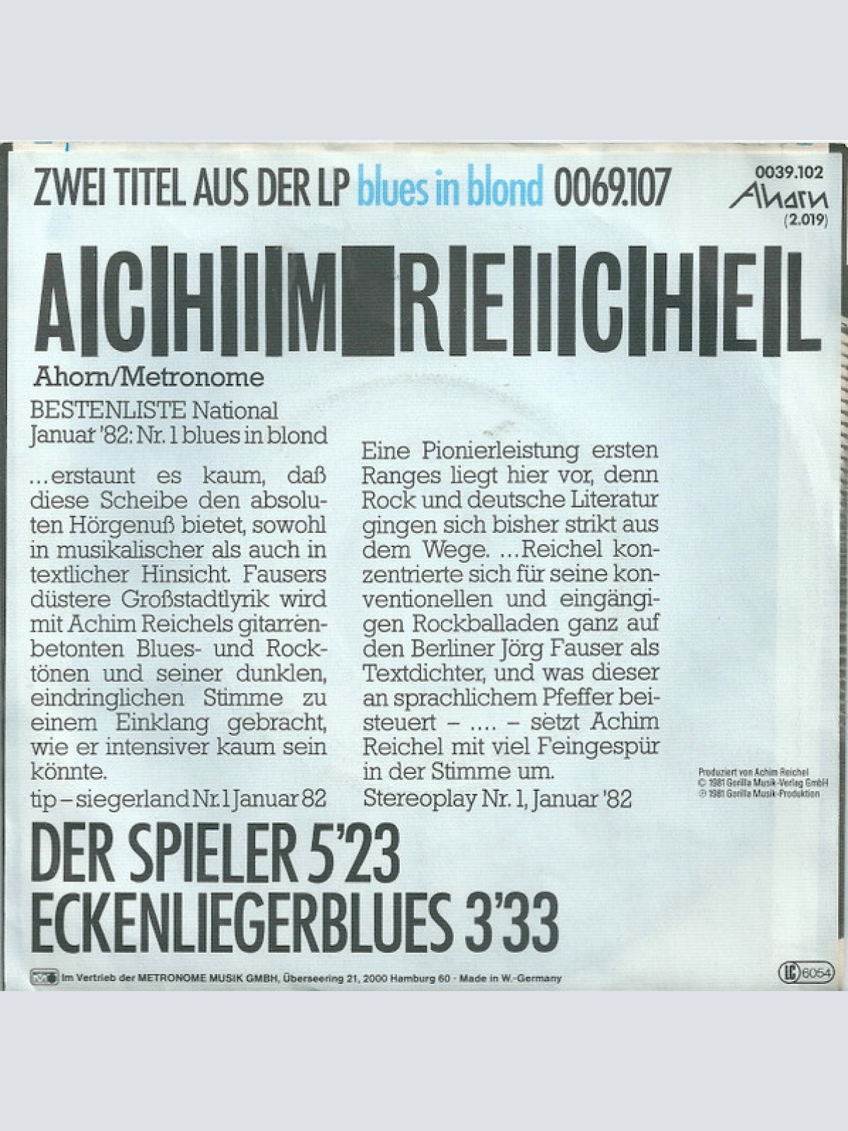 Vinyl / Achim Reichel - Der Spieler