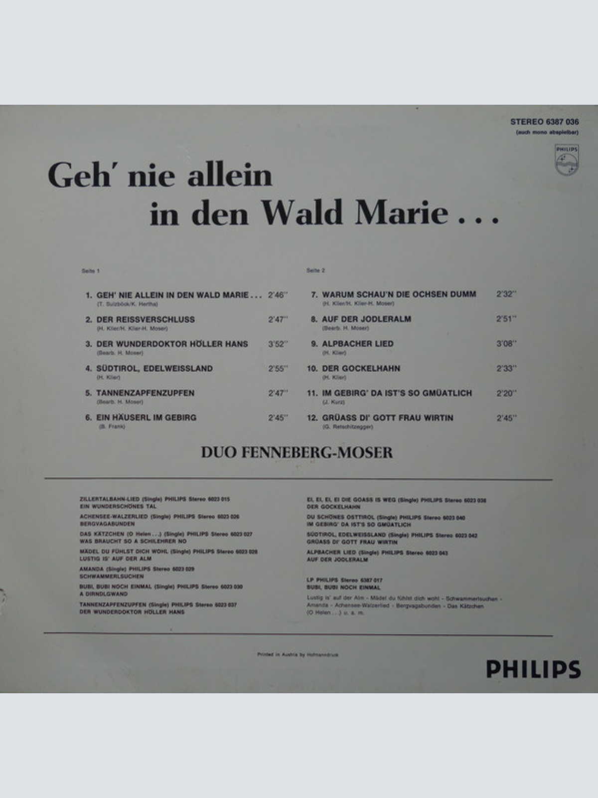 Vinyl / Die Tiroler Stimmungskanonen Fenneberg-Moser* - Geh' Nie Allein In Den Wald Marie...