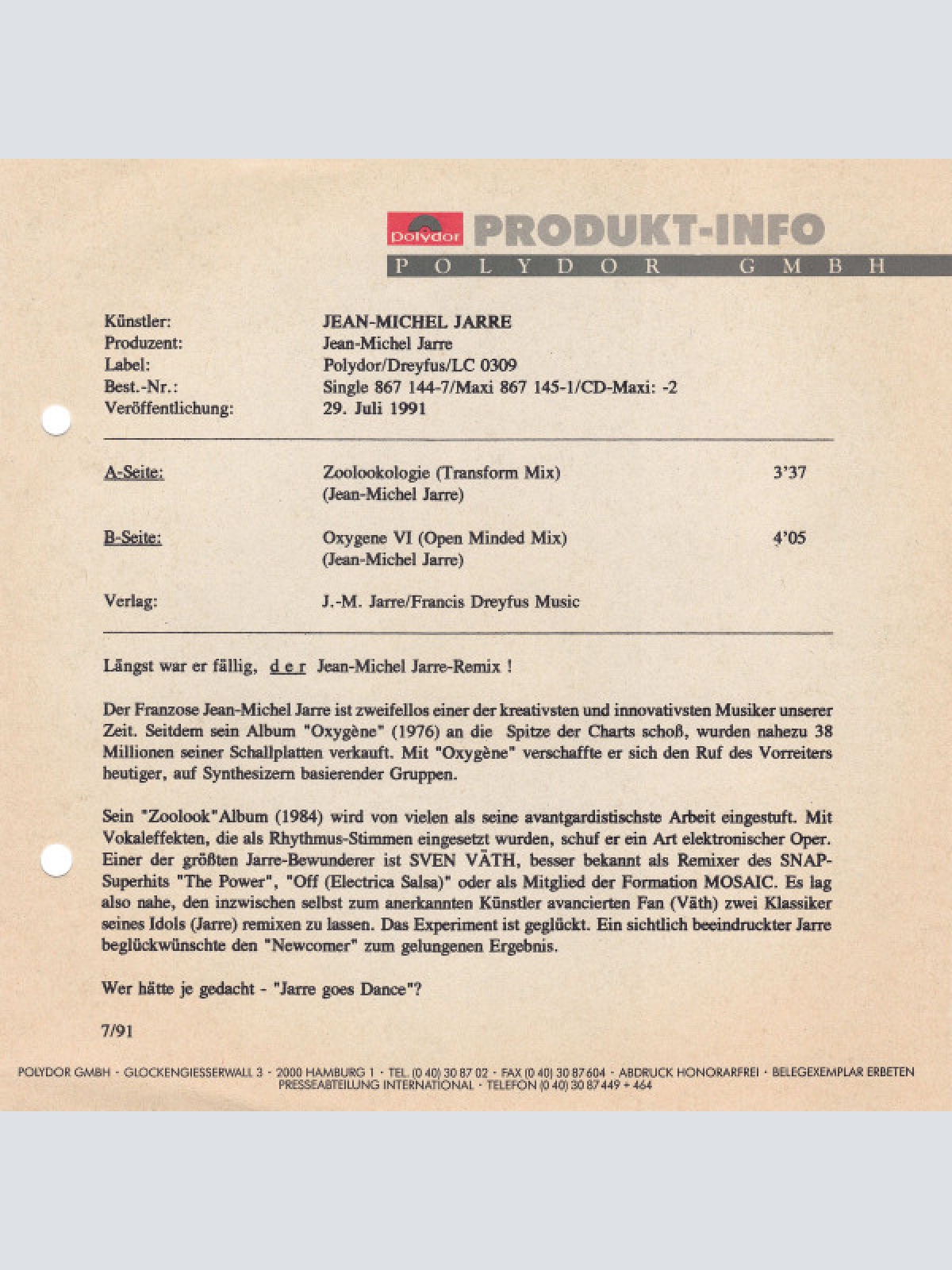 Vinyl / Jean-Michel Jarre - Zoolook / Oxygene (Remixed By Mosaic)