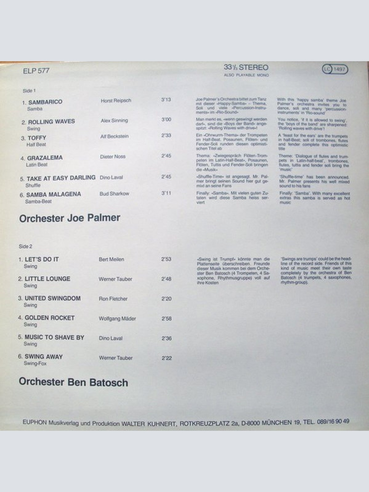 Vinyl / Orchester Joe Palmer / Ben Batosch* - Orchester Joe Palmer / Ben Batosch